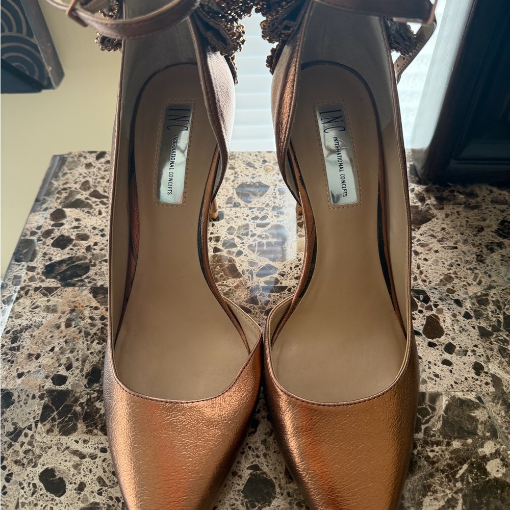 INC International Concepts Bronze Heels with Embellished Ankle Strap